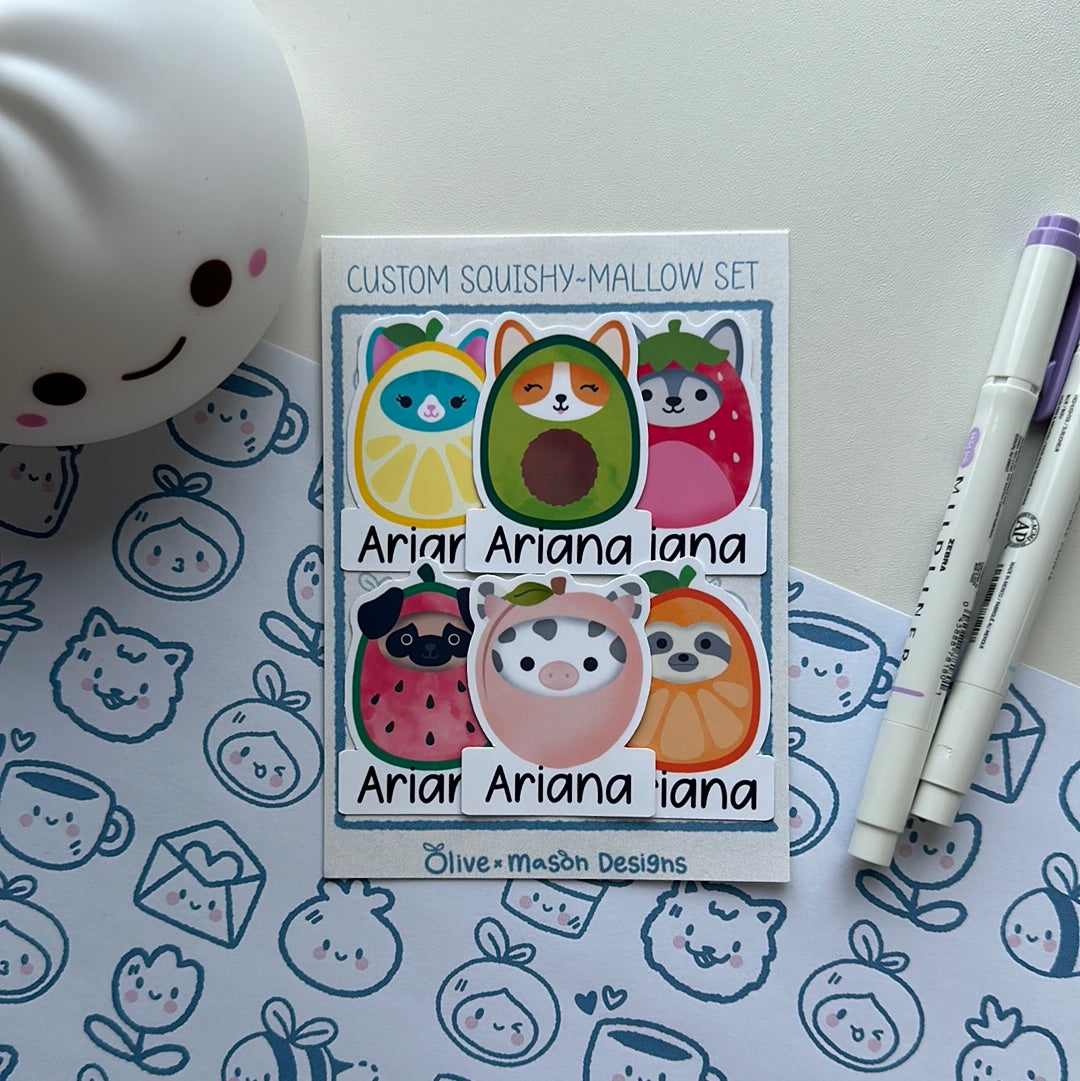 Personalized Animal Fruit Squishy~mallow Waterproof Vinyl Sticker Set (Set of 6)