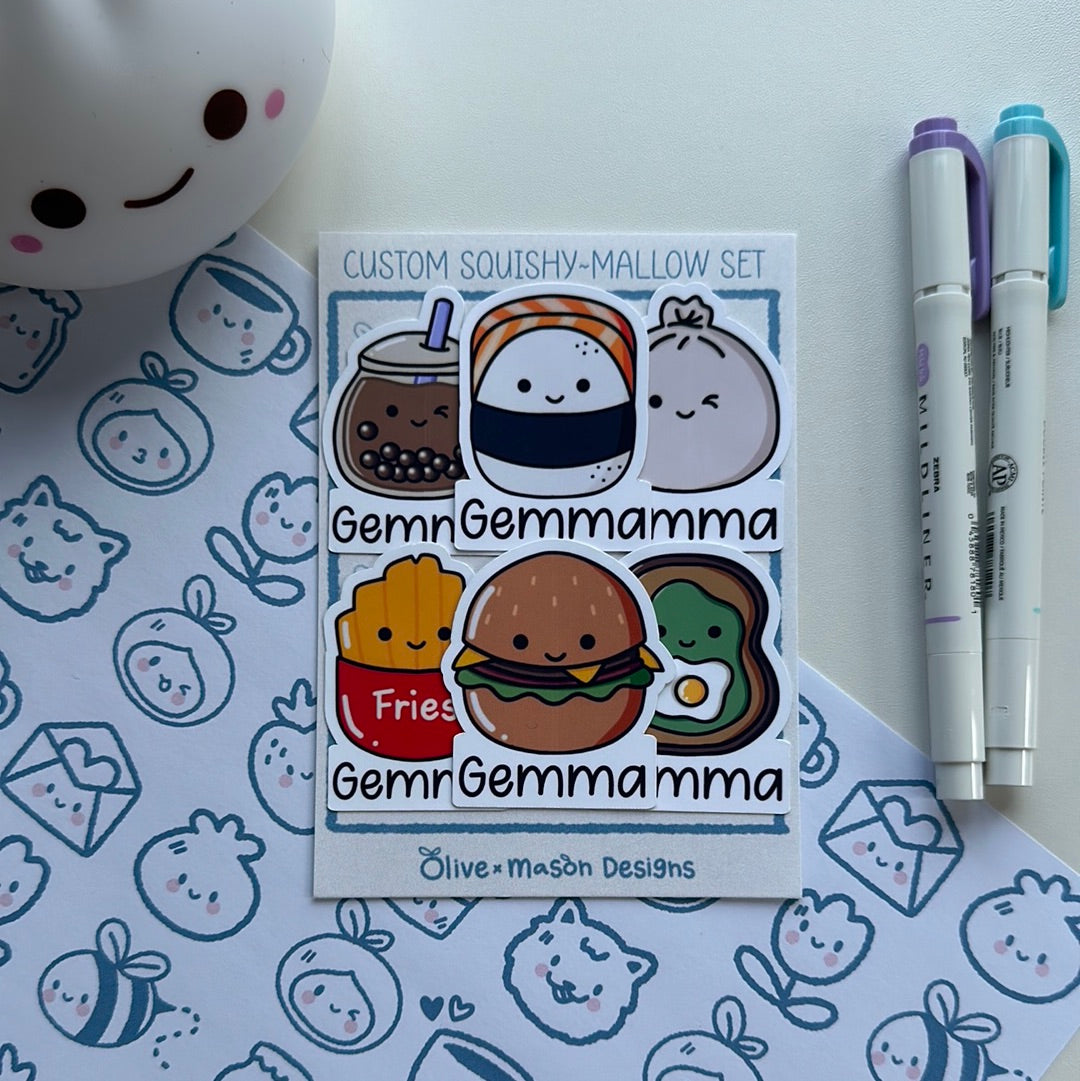 Personalized Food Squishy~mallow Waterproof Vinyl Sticker Set (Set of 6)