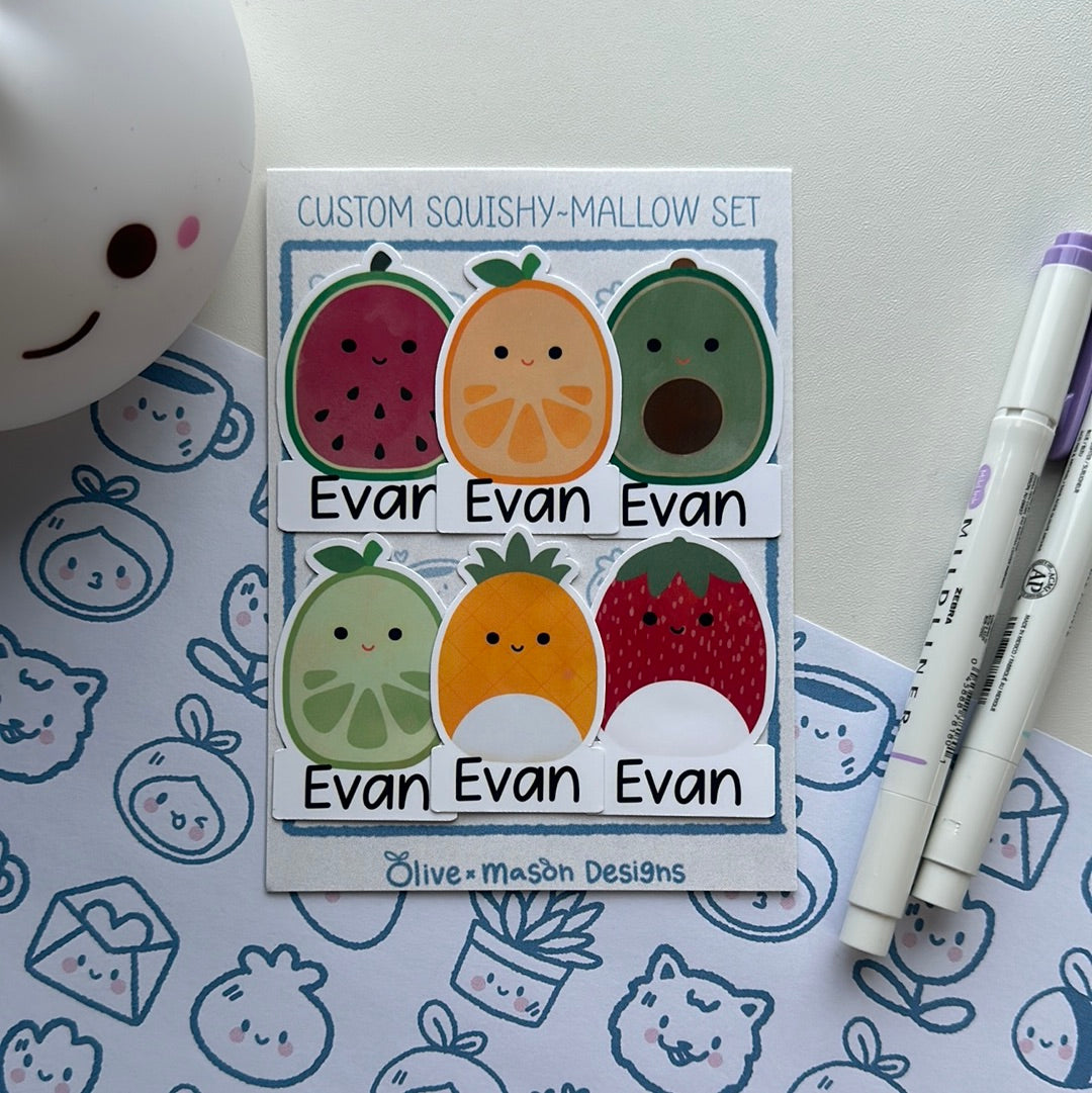Personalized Fruit Squishy~mallow Waterproof Vinyl Sticker Set (Set of 6)