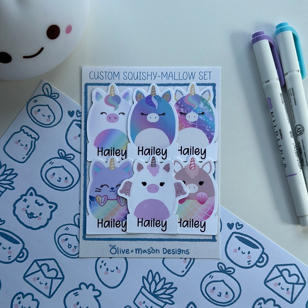 Personalized Unicorn Squishy~mallow Waterproof Vinyl Sticker Set (Set of 6)