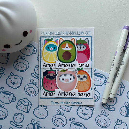 Personalized Animal Fruit Squishy~mallow Waterproof Vinyl Sticker Set (Set of 6)