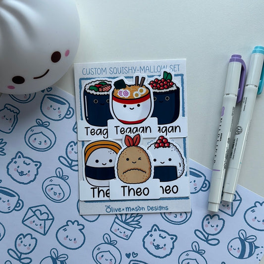 Personalized Sushi Squishy~mallow Waterproof Vinyl Sticker Set (Set of 6)