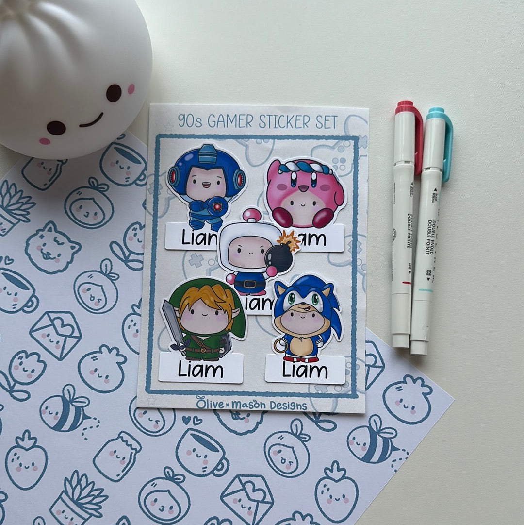 Personalized 90s Gamer Waterproof Vinyl Sticker Set (Set of 5)