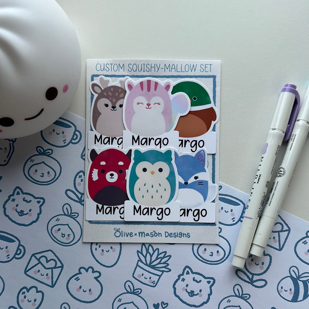 Personalized Woodland Animals Squishy~mallow Waterproof Vinyl Sticker Set (Set of 6)