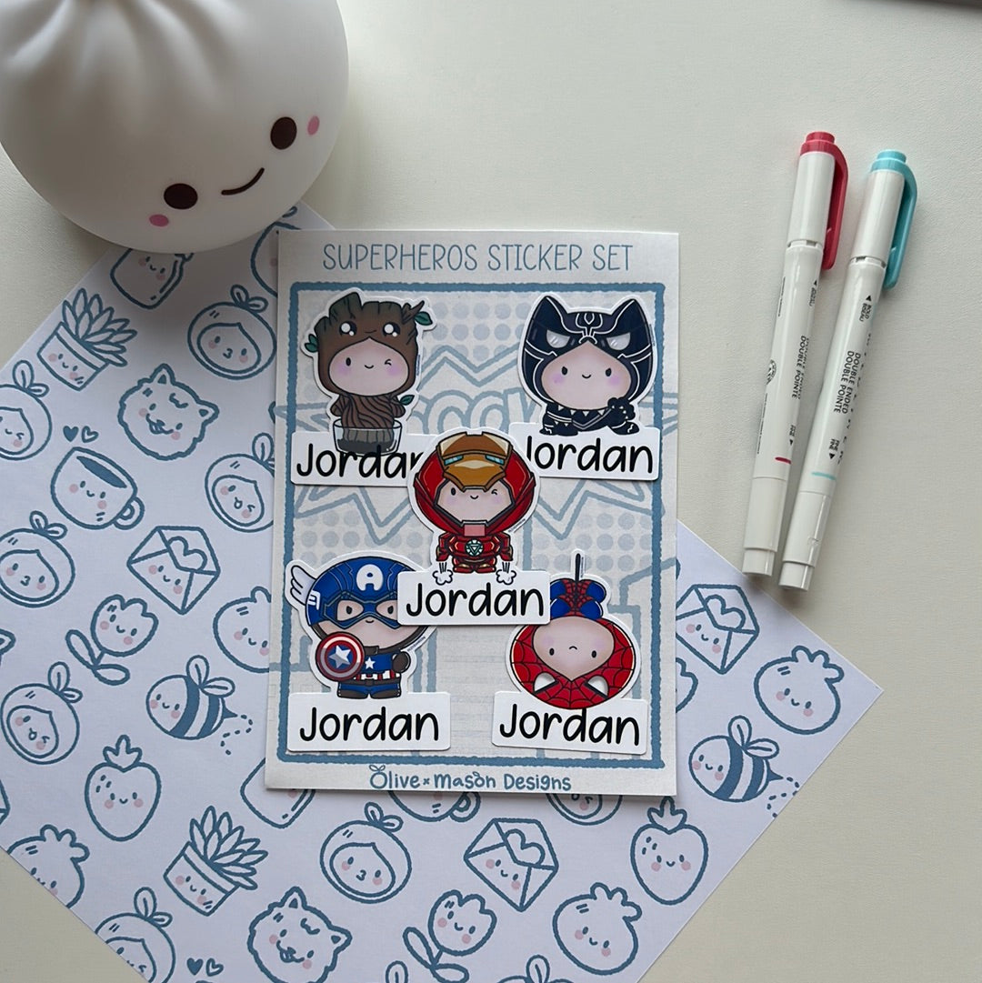 Personalized Superheros Vol 1 Waterproof Vinyl Sticker Set (Set of 5)
