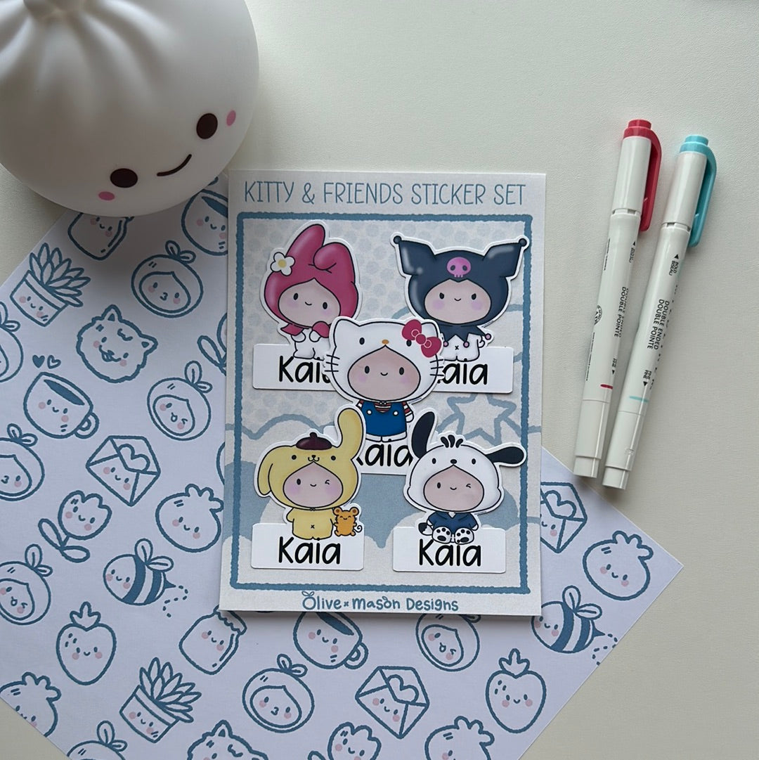 Personalized Kitty & Friends Waterproof Vinyl Sticker Set (Set of 5)
