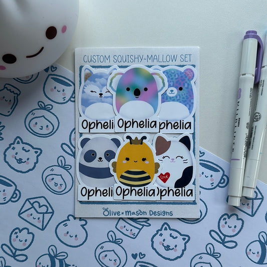 Personalized Animal Squishy~mallow Waterproof Vinyl Sticker Set (Set of 6)