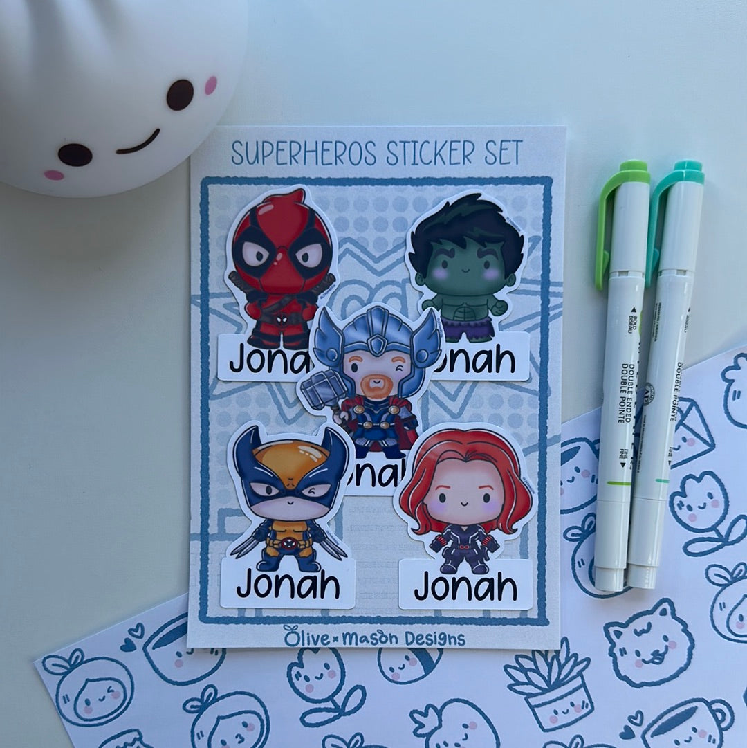 Personalized Superheros Vol 3 Waterproof Vinyl Sticker Set (Set of 5)