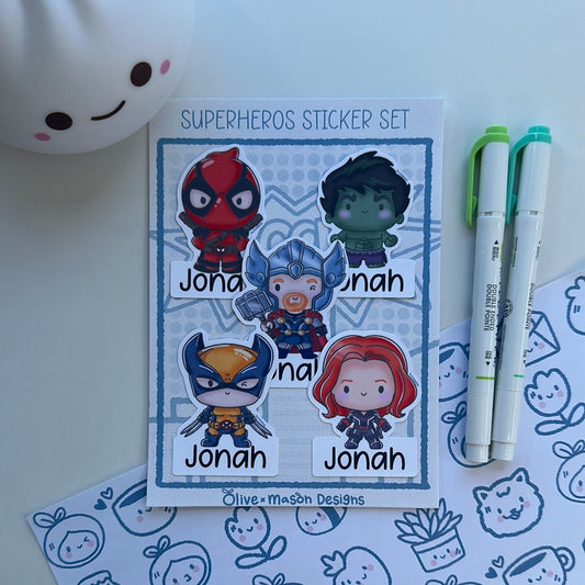 Personalized Superheros Vol 3 Waterproof Vinyl Sticker Set (Set of 5)